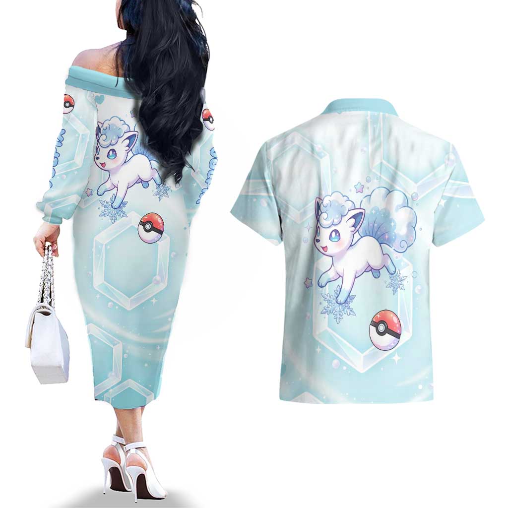 Vulpix Couples Matching Off The Shoulder Long Sleeve Dress and Hawaiian Shirt Frosted Pastel Ice Crystal Art