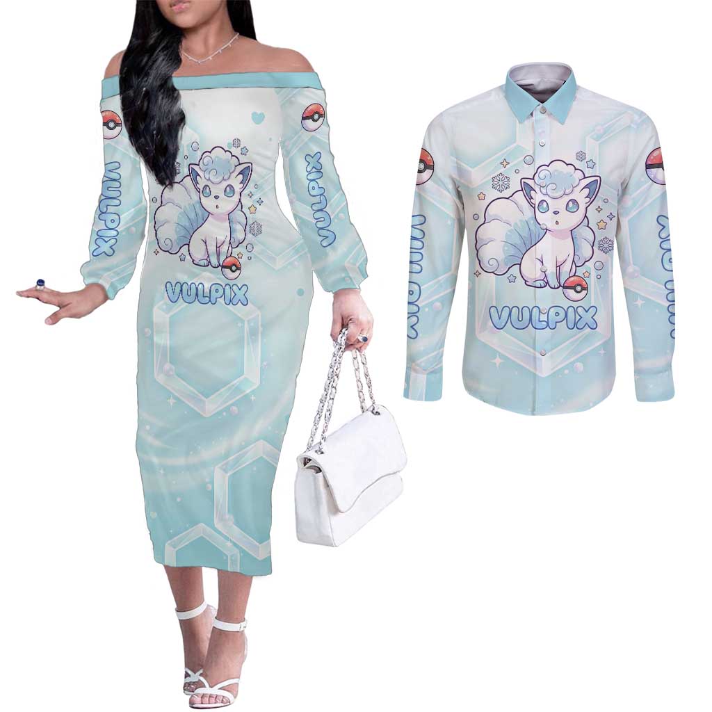 Vulpix Couples Matching Off The Shoulder Long Sleeve Dress and Long Sleeve Button Shirt Frosted Pastel Ice Crystal Art