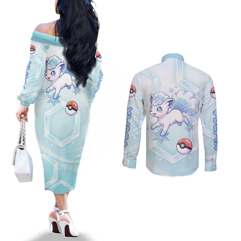 Vulpix Couples Matching Off The Shoulder Long Sleeve Dress and Long Sleeve Button Shirt Frosted Pastel Ice Crystal Art