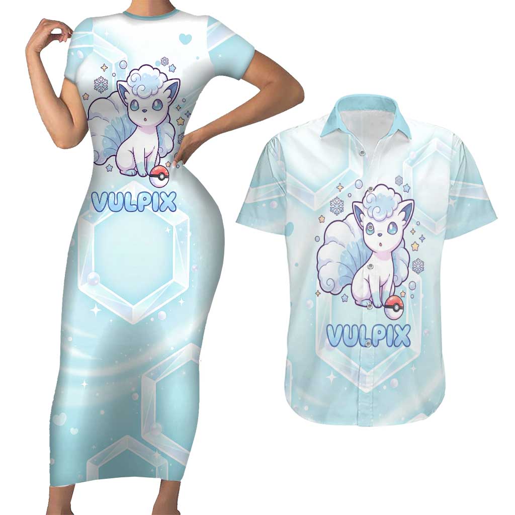 Vulpix Couples Matching Short Sleeve Bodycon Dress and Hawaiian Shirt Frosted Pastel Ice Crystal Art