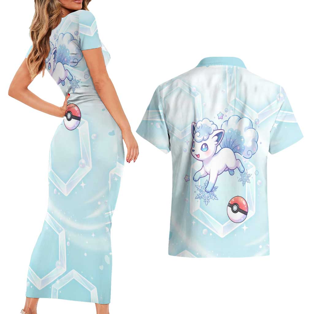 Vulpix Couples Matching Short Sleeve Bodycon Dress and Hawaiian Shirt Frosted Pastel Ice Crystal Art