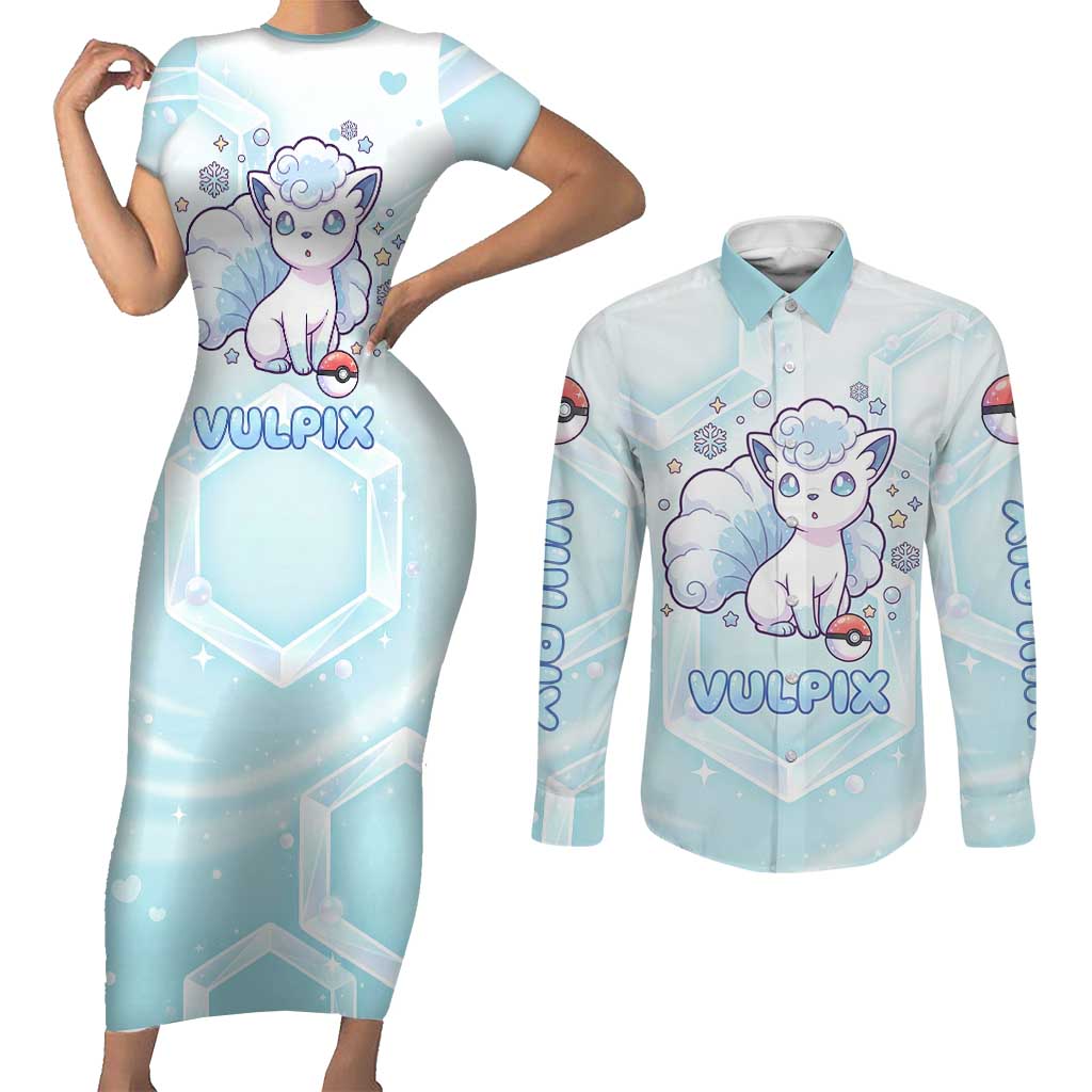 Vulpix Couples Matching Short Sleeve Bodycon Dress and Long Sleeve Button Shirt Frosted Pastel Ice Crystal Art