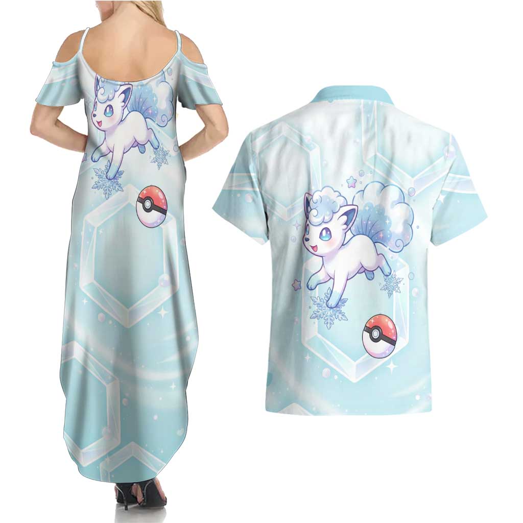 Vulpix Couples Matching Summer Maxi Dress and Hawaiian Shirt Frosted Pastel Ice Crystal Art