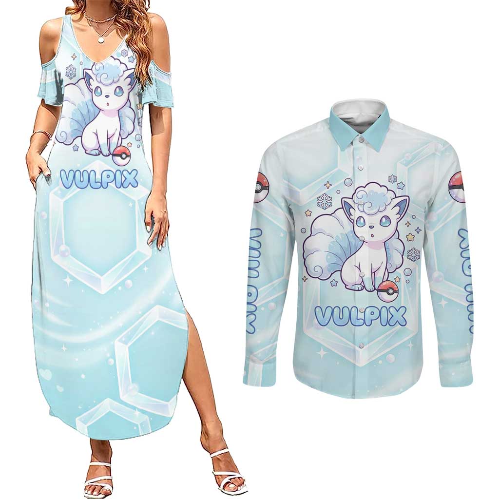 Vulpix Couples Matching Summer Maxi Dress and Long Sleeve Button Shirt Frosted Pastel Ice Crystal Art