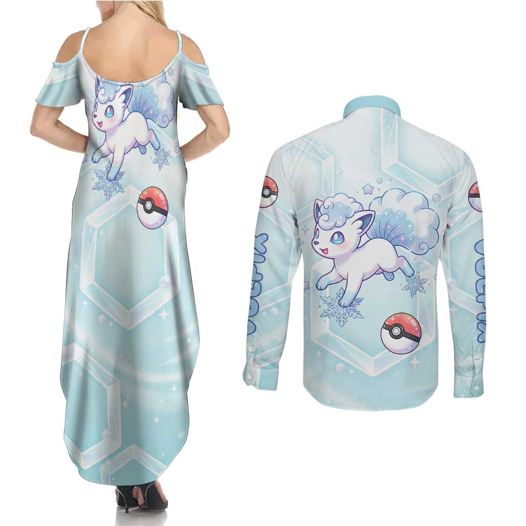 Vulpix Couples Matching Summer Maxi Dress and Long Sleeve Button Shirt Frosted Pastel Ice Crystal Art