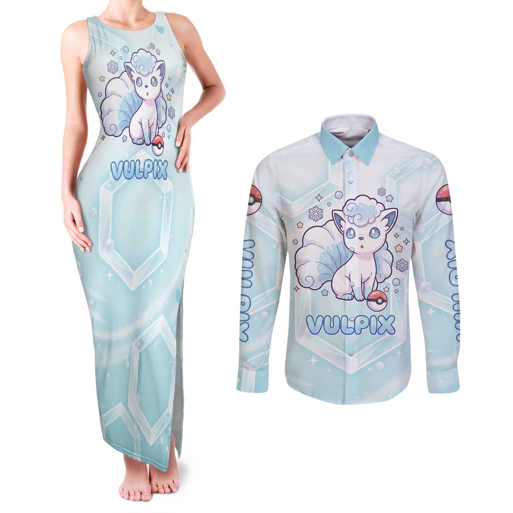 Vulpix Couples Matching Tank Maxi Dress and Long Sleeve Button Shirt Frosted Pastel Ice Crystal Art