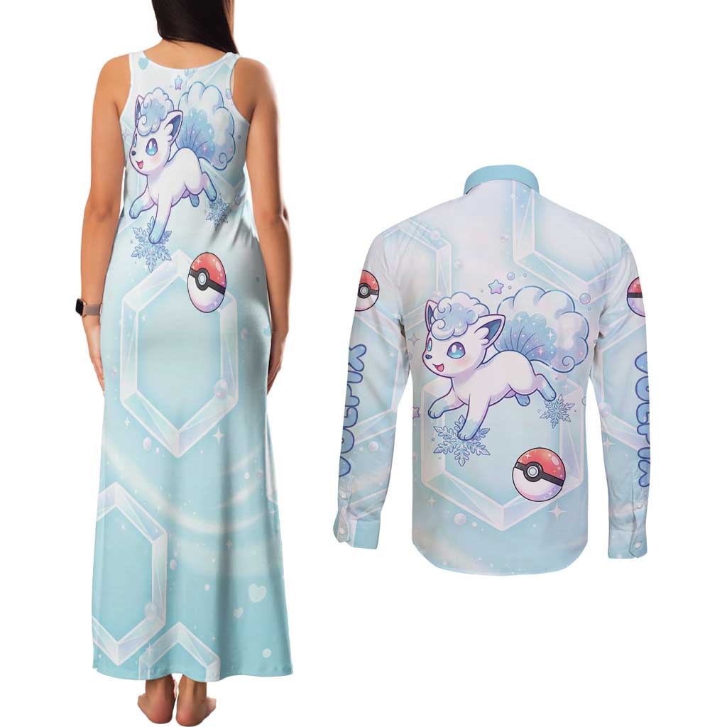 Vulpix Couples Matching Tank Maxi Dress and Long Sleeve Button Shirt Frosted Pastel Ice Crystal Art