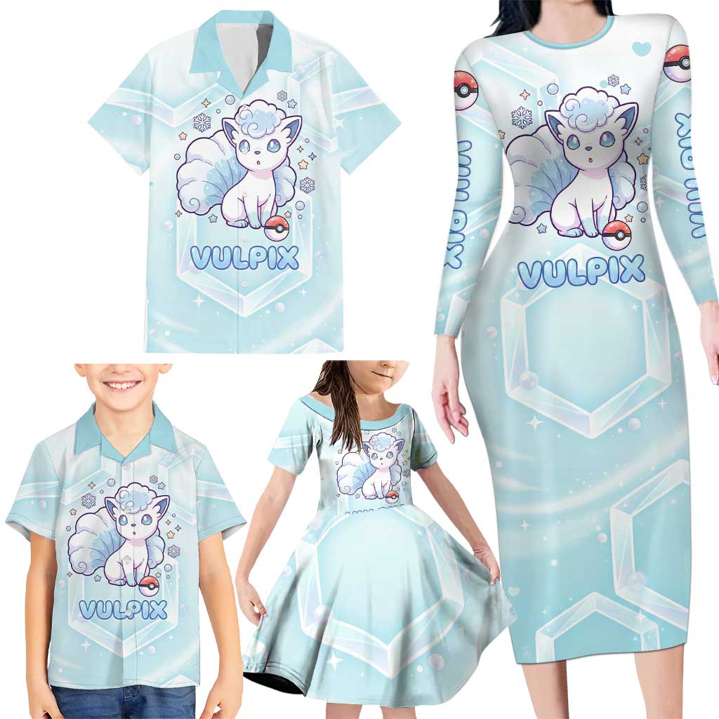 Vulpix Family Matching Long Sleeve Bodycon Dress and Hawaiian Shirt Frosted Pastel Ice Crystal Art