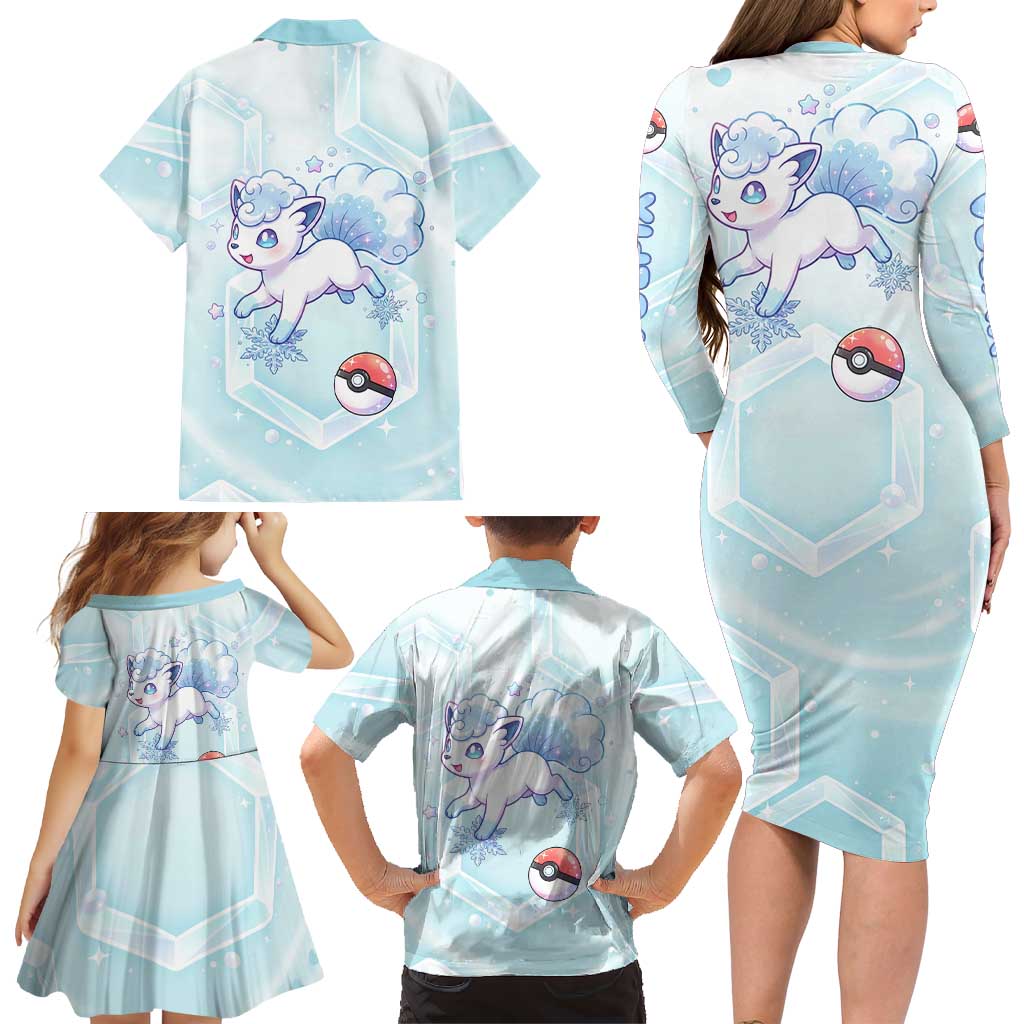 Vulpix Family Matching Long Sleeve Bodycon Dress and Hawaiian Shirt Frosted Pastel Ice Crystal Art