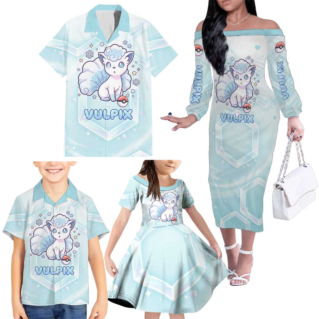 Vulpix Family Matching Off The Shoulder Long Sleeve Dress and Hawaiian Shirt Frosted Pastel Ice Crystal Art
