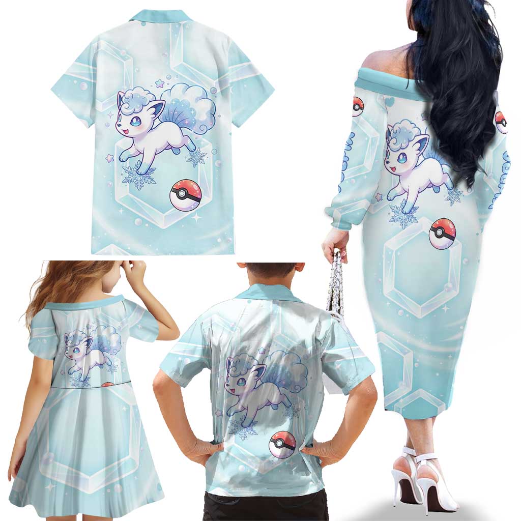 Vulpix Family Matching Off The Shoulder Long Sleeve Dress and Hawaiian Shirt Frosted Pastel Ice Crystal Art