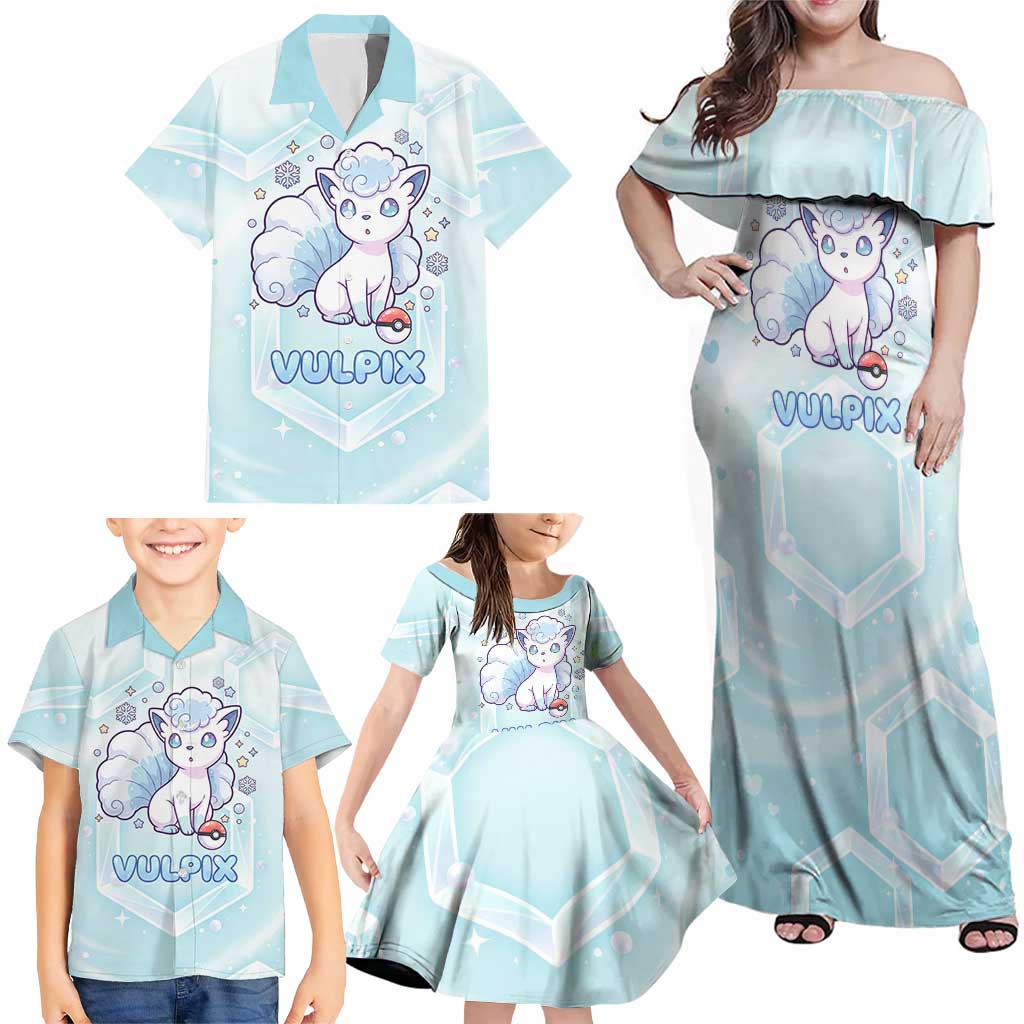 Vulpix Family Matching Off Shoulder Maxi Dress and Hawaiian Shirt Frosted Pastel Ice Crystal Art