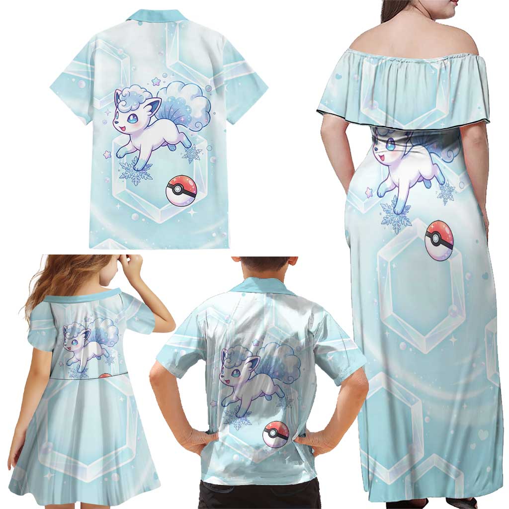 Vulpix Family Matching Off Shoulder Maxi Dress and Hawaiian Shirt Frosted Pastel Ice Crystal Art