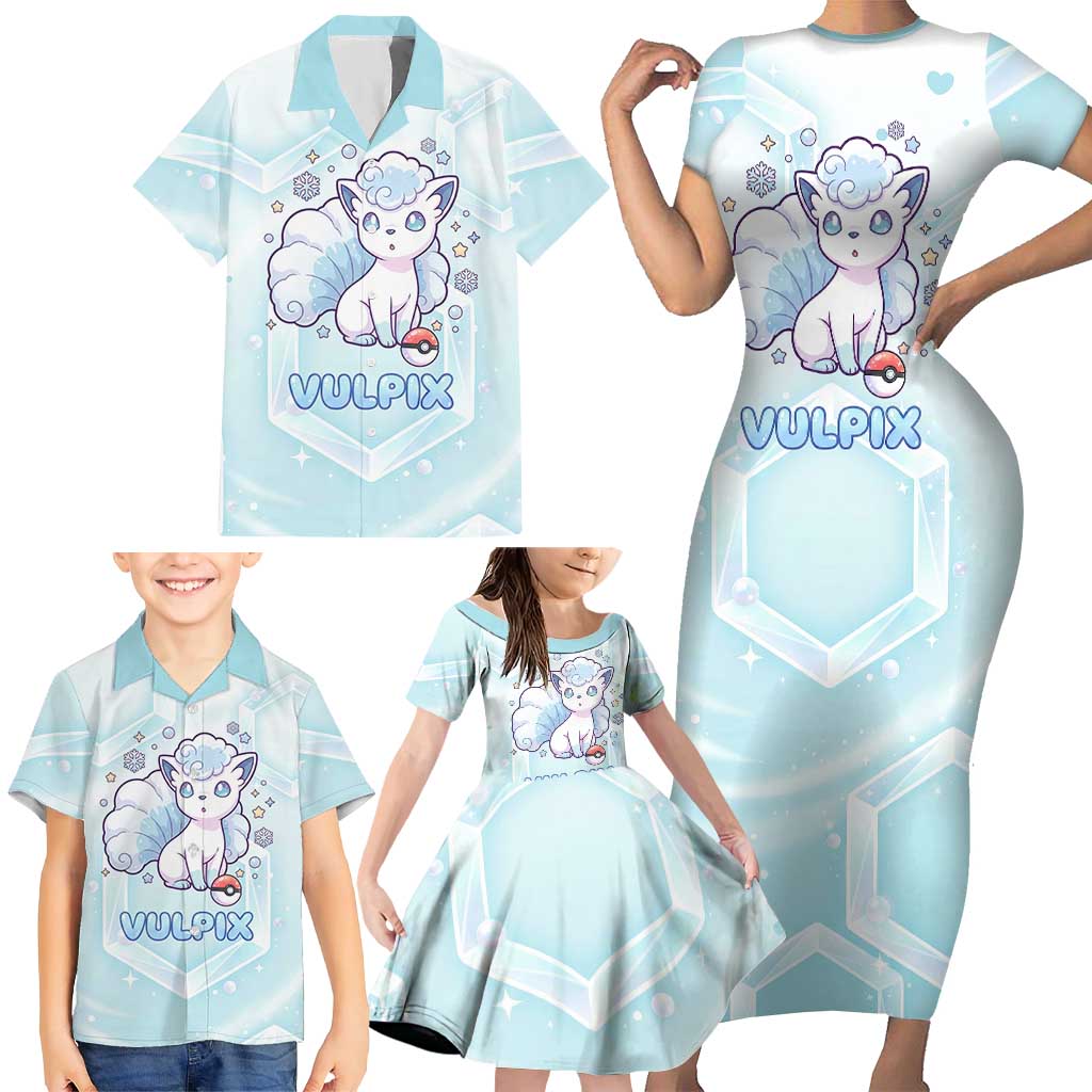 Vulpix Family Matching Short Sleeve Bodycon Dress and Hawaiian Shirt Frosted Pastel Ice Crystal Art
