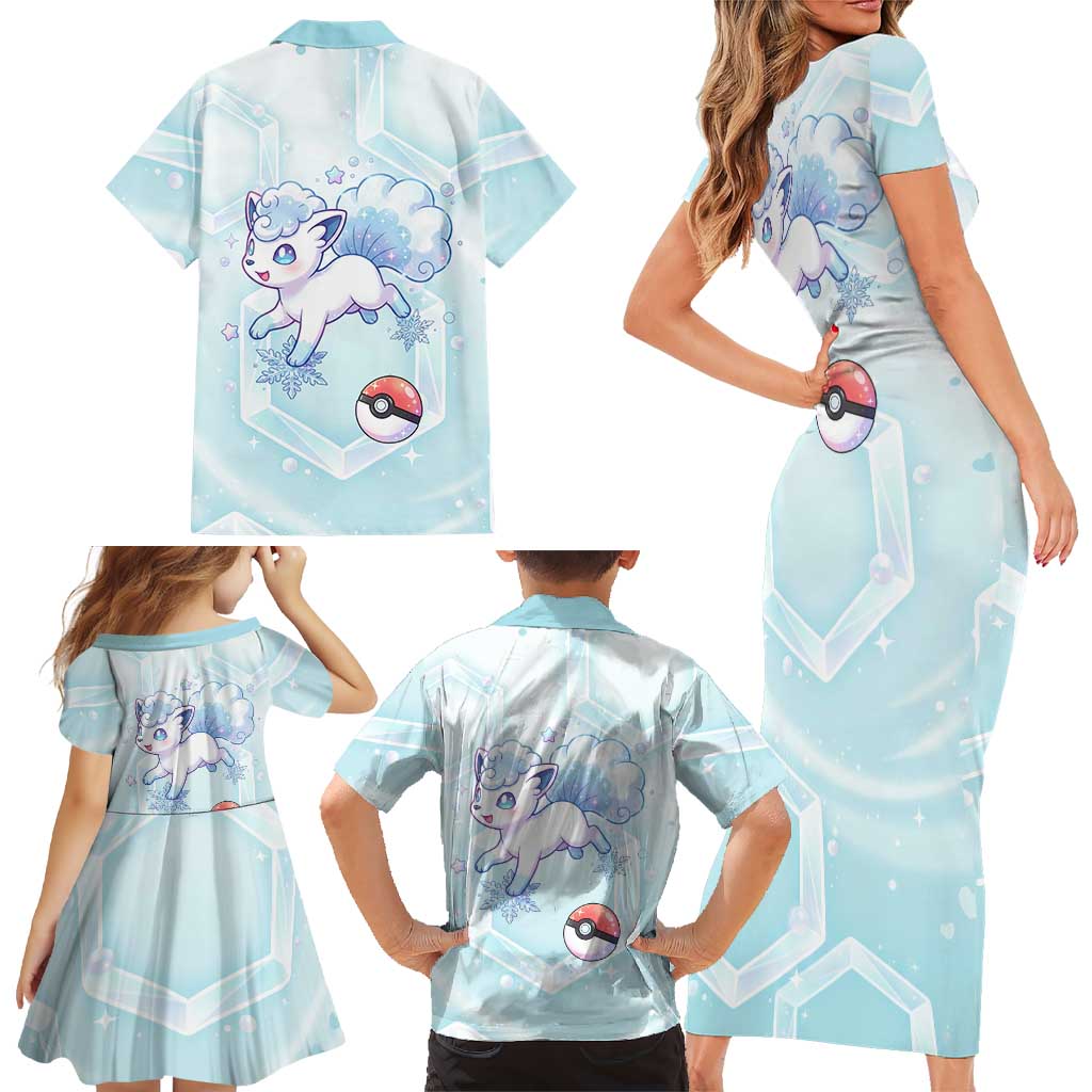 Vulpix Family Matching Short Sleeve Bodycon Dress and Hawaiian Shirt Frosted Pastel Ice Crystal Art