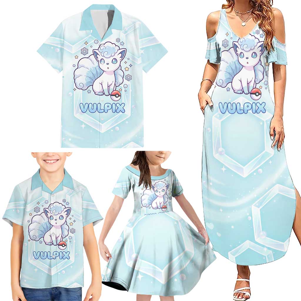 Vulpix Family Matching Summer Maxi Dress and Hawaiian Shirt Frosted Pastel Ice Crystal Art