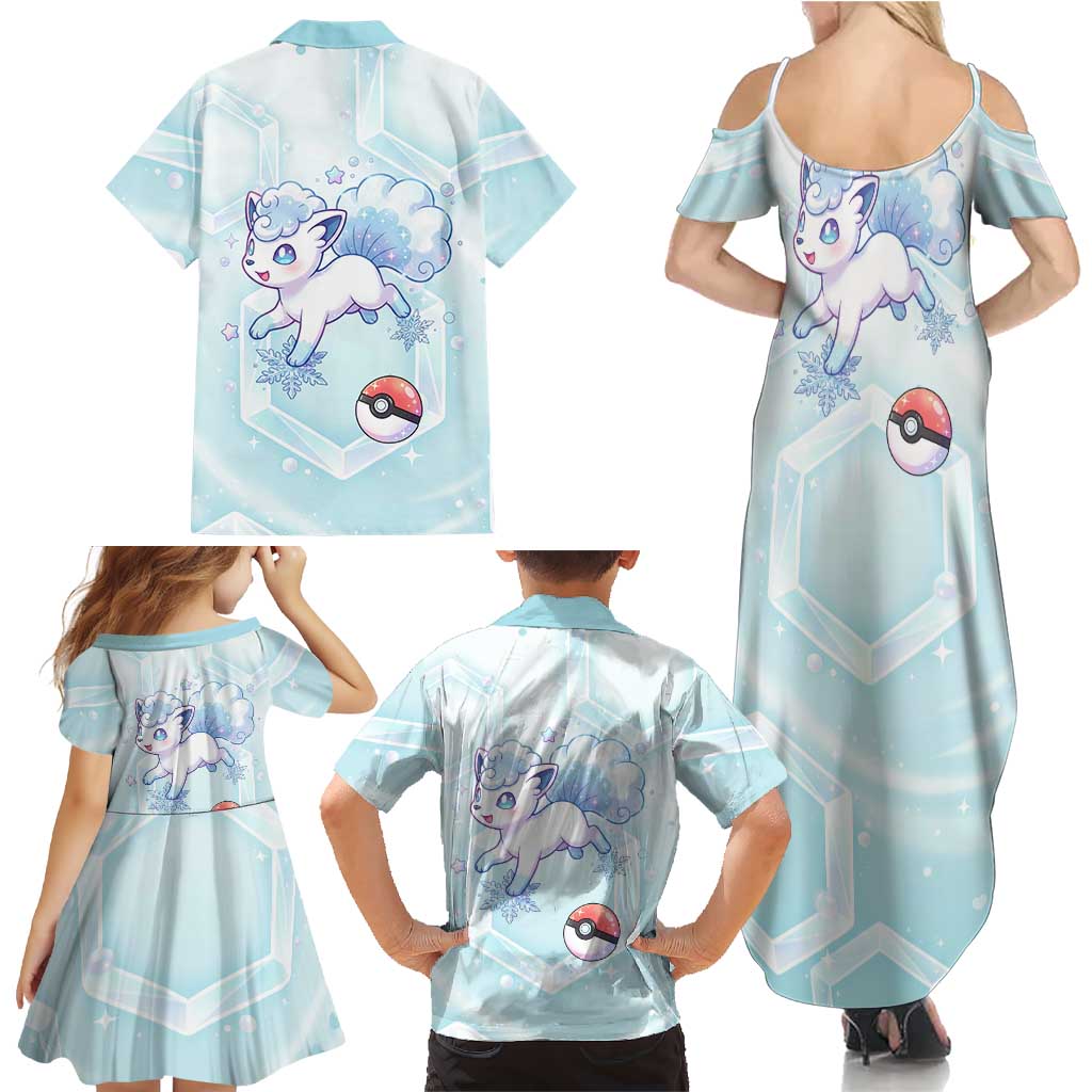 Vulpix Family Matching Summer Maxi Dress and Hawaiian Shirt Frosted Pastel Ice Crystal Art