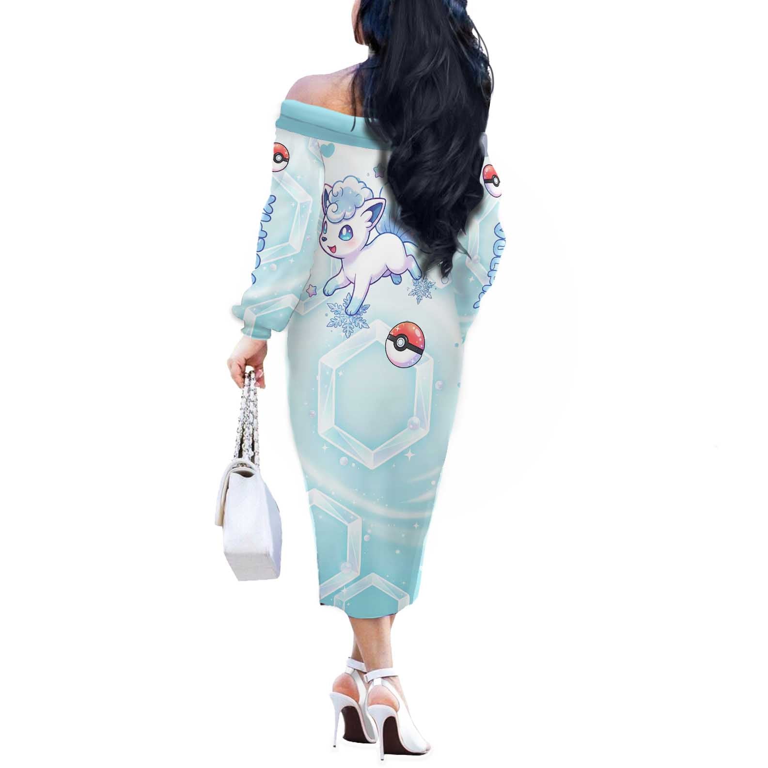 Vulpix Off The Shoulder Long Sleeve Dress Frosted Pastel Ice Crystal Art