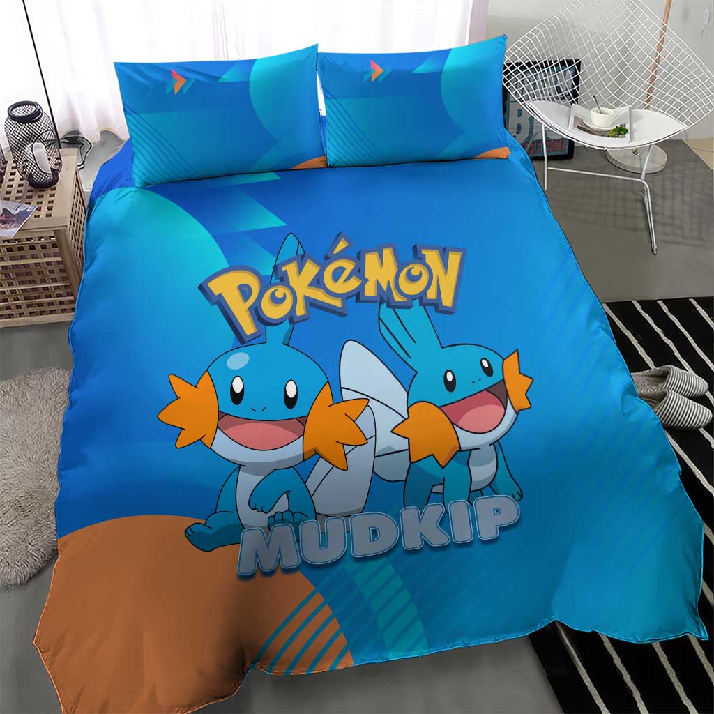 Mudkip Poké Bedding Set Playful Blue Gradient Cartoon Style