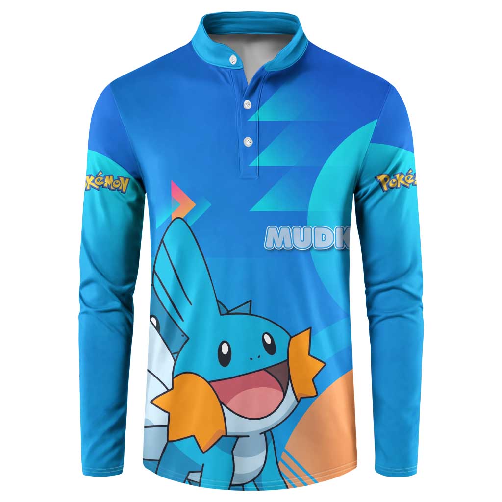 Mudkip Poké Button Sweatshirt Playful Blue Gradient Cartoon Style