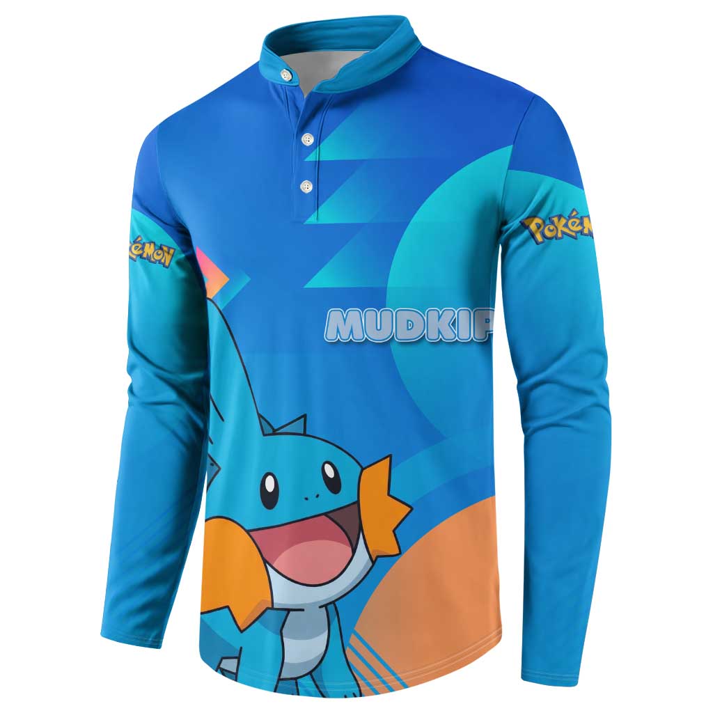 Mudkip Poké Button Sweatshirt Playful Blue Gradient Cartoon Style