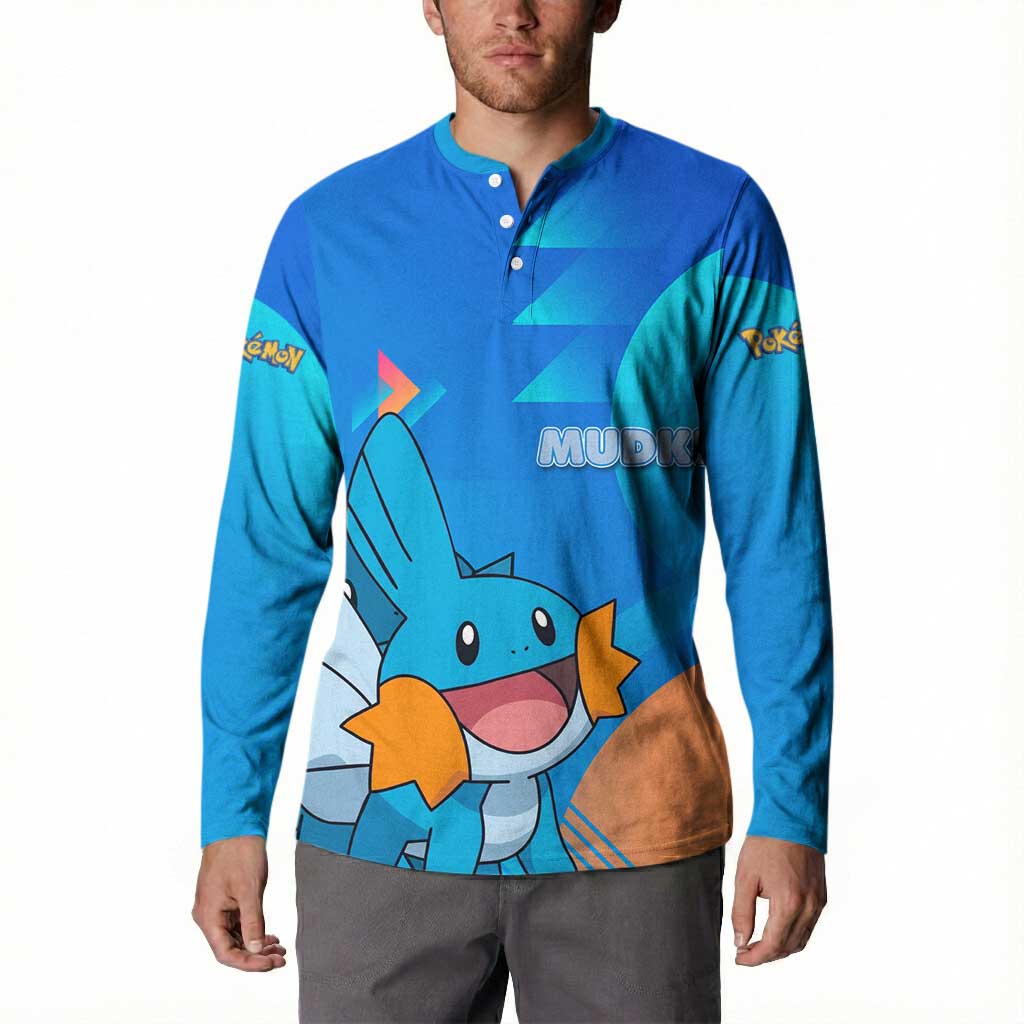 Mudkip Poké Button Sweatshirt Playful Blue Gradient Cartoon Style