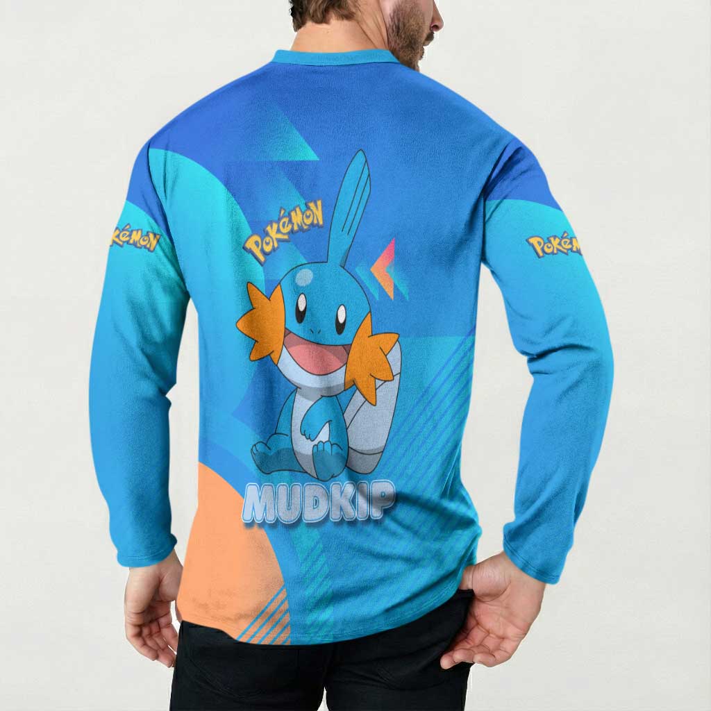 Mudkip Poké Button Sweatshirt Playful Blue Gradient Cartoon Style