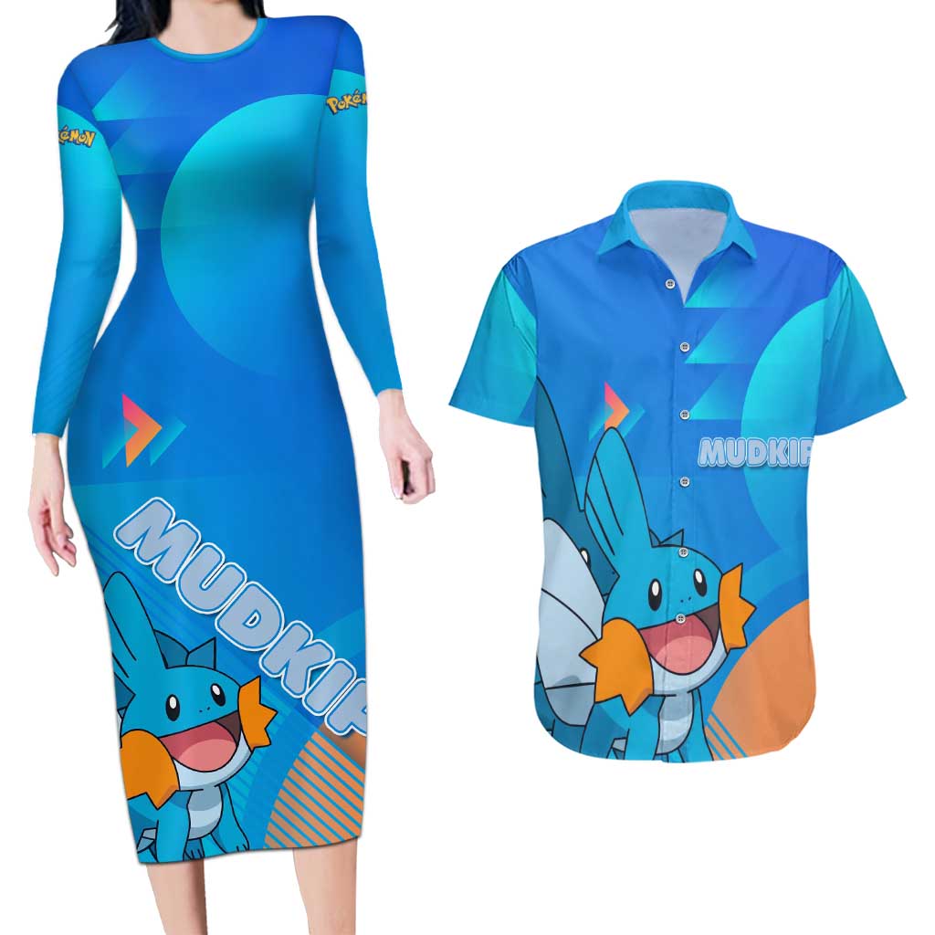 Mudkip Poké Couples Matching Long Sleeve Bodycon Dress and Hawaiian Shirt Playful Blue Gradient Cartoon Style