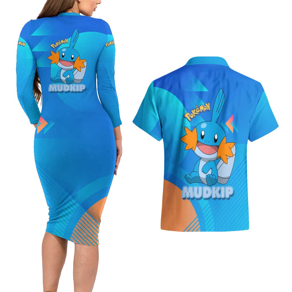 Mudkip Poké Couples Matching Long Sleeve Bodycon Dress and Hawaiian Shirt Playful Blue Gradient Cartoon Style