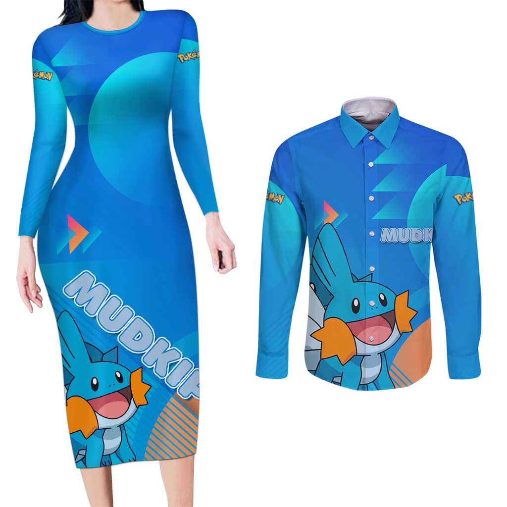 Mudkip Poké Couples Matching Long Sleeve Bodycon Dress and Long Sleeve Button Shirt Playful Blue Gradient Cartoon Style