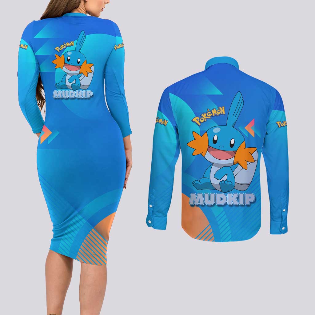 Mudkip Poké Couples Matching Long Sleeve Bodycon Dress and Long Sleeve Button Shirt Playful Blue Gradient Cartoon Style