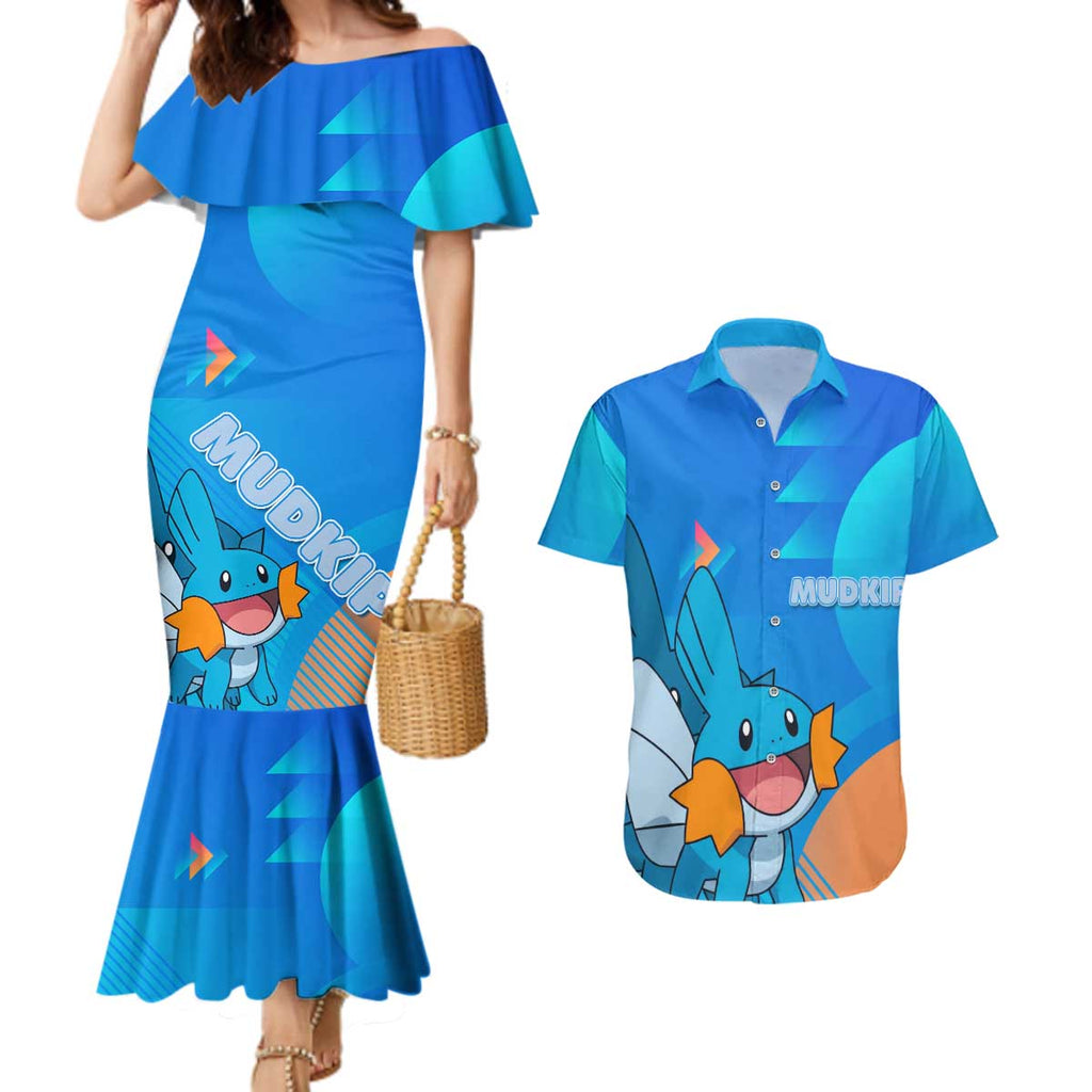 Mudkip Poké Couples Matching Mermaid Dress and Hawaiian Shirt Playful Blue Gradient Cartoon Style