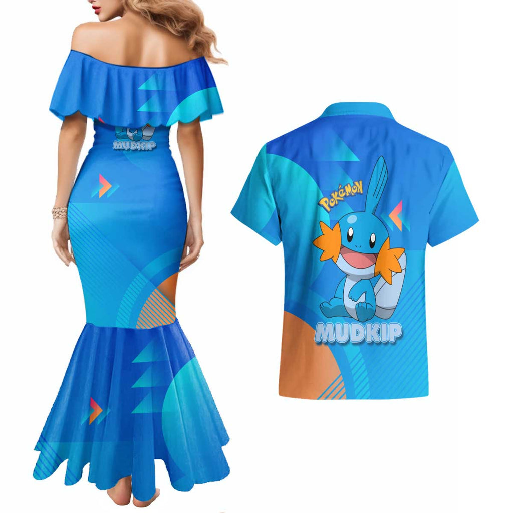 Mudkip Poké Couples Matching Mermaid Dress and Hawaiian Shirt Playful Blue Gradient Cartoon Style