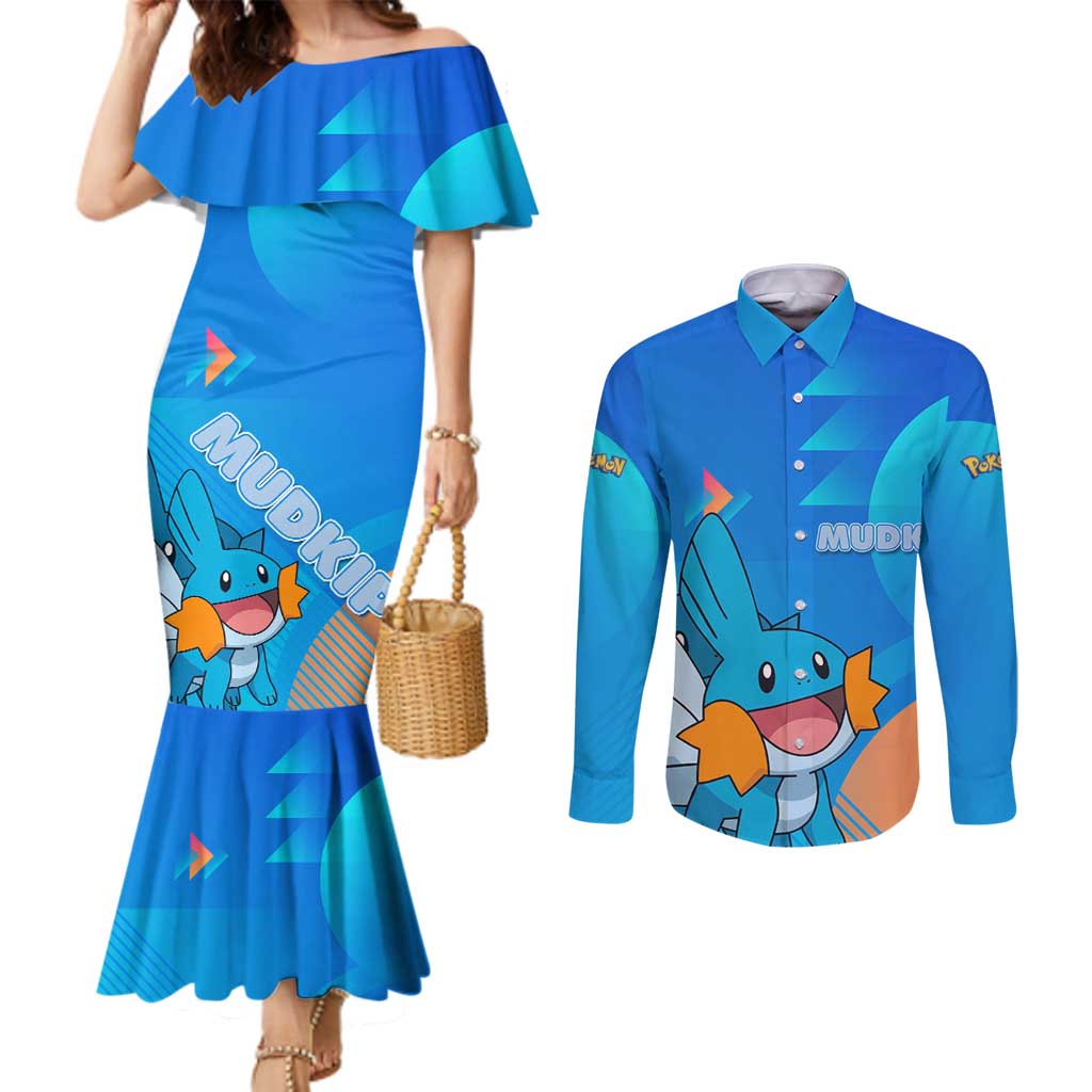 Mudkip Poké Couples Matching Mermaid Dress and Long Sleeve Button Shirt Playful Blue Gradient Cartoon Style