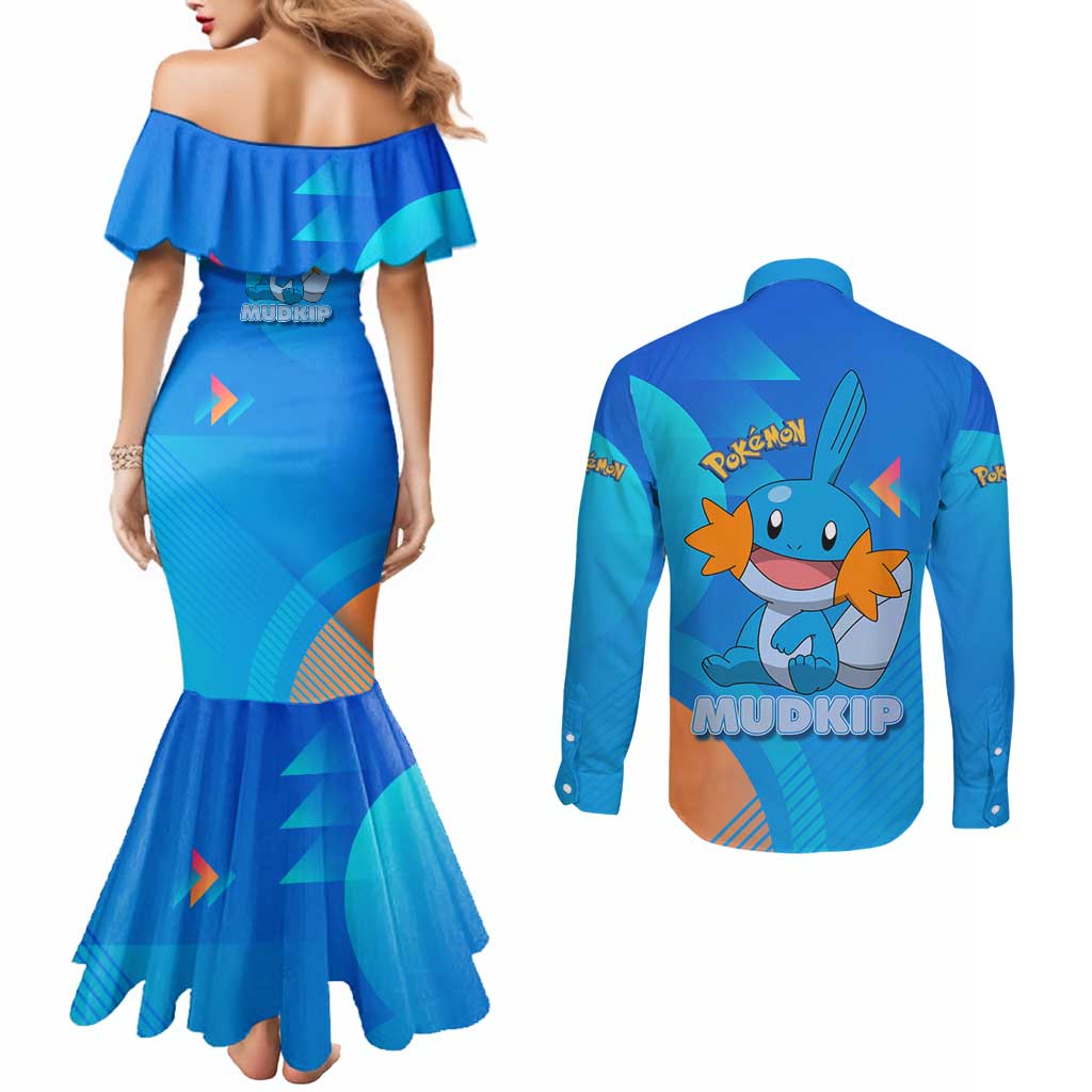 Mudkip Poké Couples Matching Mermaid Dress and Long Sleeve Button Shirt Playful Blue Gradient Cartoon Style