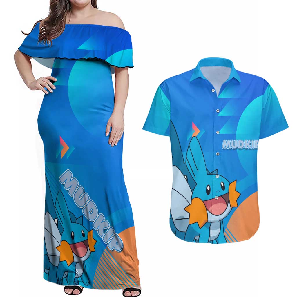 Mudkip Poké Couples Matching Off Shoulder Maxi Dress and Hawaiian Shirt Playful Blue Gradient Cartoon Style