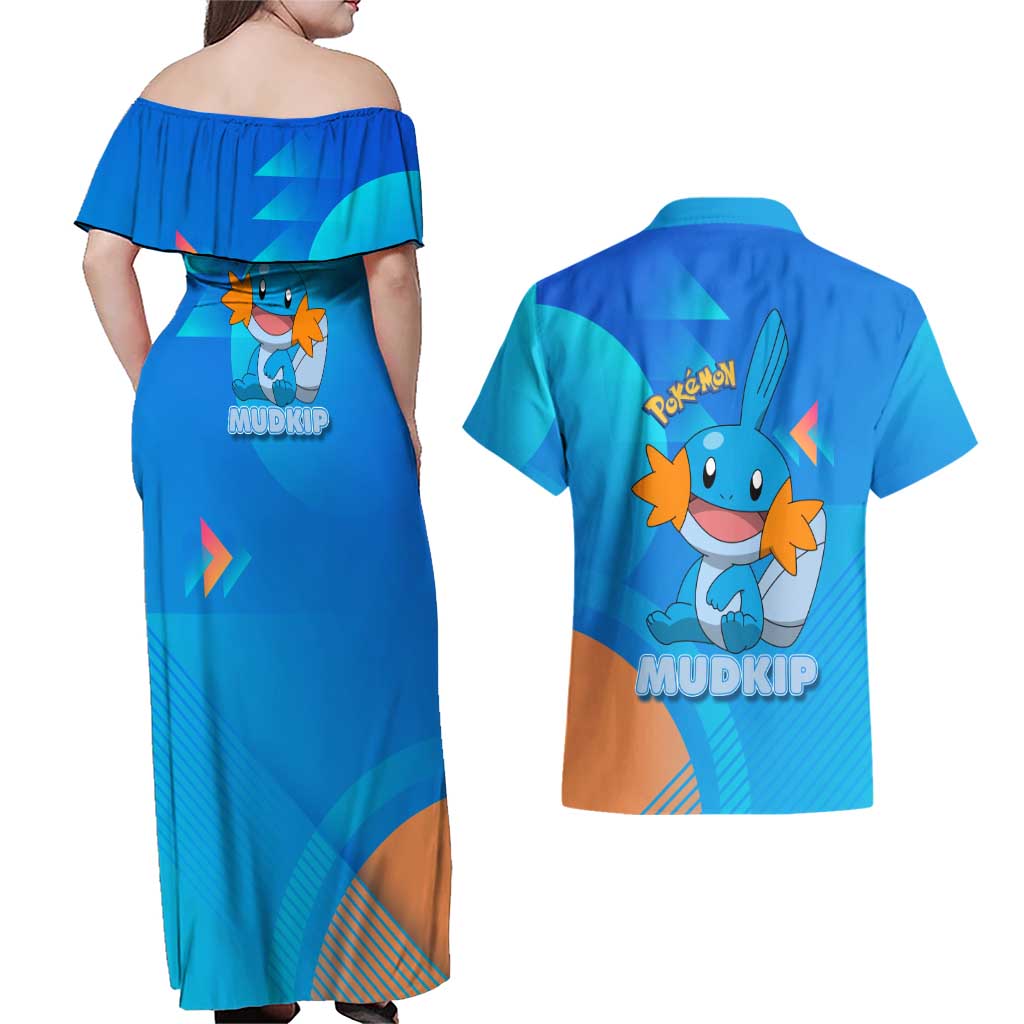 Mudkip Poké Couples Matching Off Shoulder Maxi Dress and Hawaiian Shirt Playful Blue Gradient Cartoon Style