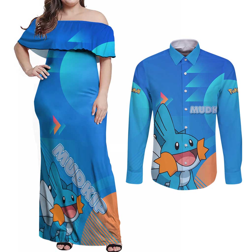 Mudkip Poké Couples Matching Off Shoulder Maxi Dress and Long Sleeve Button Shirt Playful Blue Gradient Cartoon Style