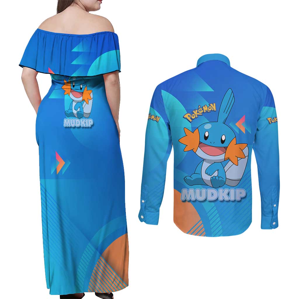 Mudkip Poké Couples Matching Off Shoulder Maxi Dress and Long Sleeve Button Shirt Playful Blue Gradient Cartoon Style