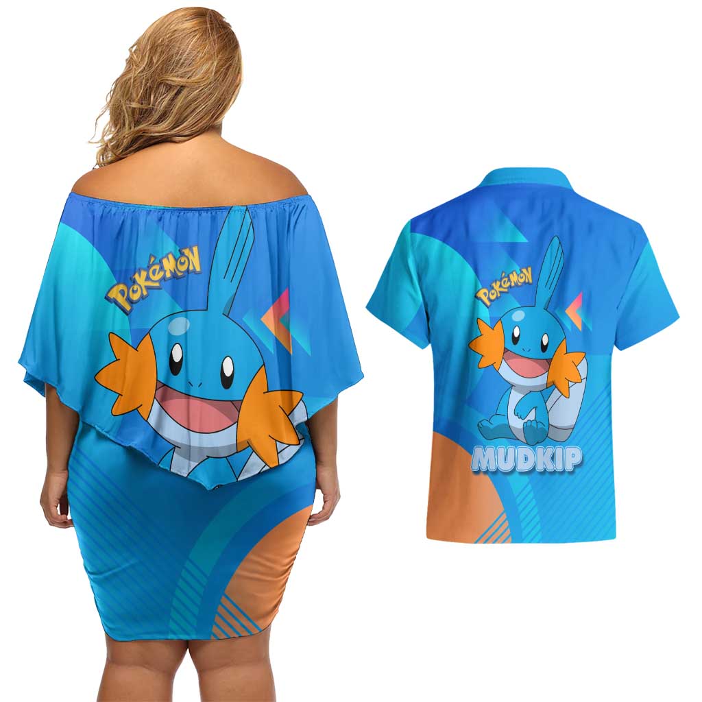 Mudkip Poké Couples Matching Off Shoulder Short Dress and Hawaiian Shirt Playful Blue Gradient Cartoon Style