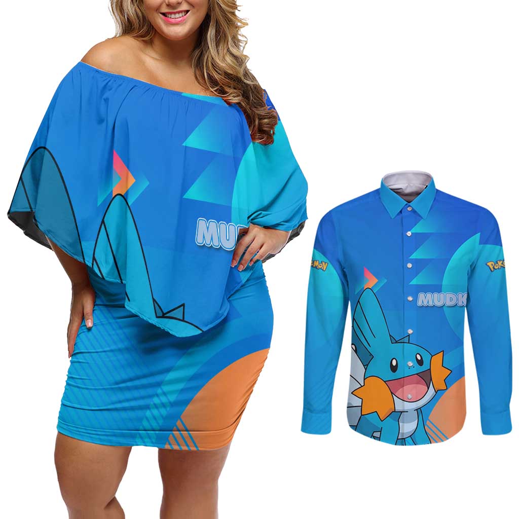 Mudkip Poké Couples Matching Off Shoulder Short Dress and Long Sleeve Button Shirt Playful Blue Gradient Cartoon Style