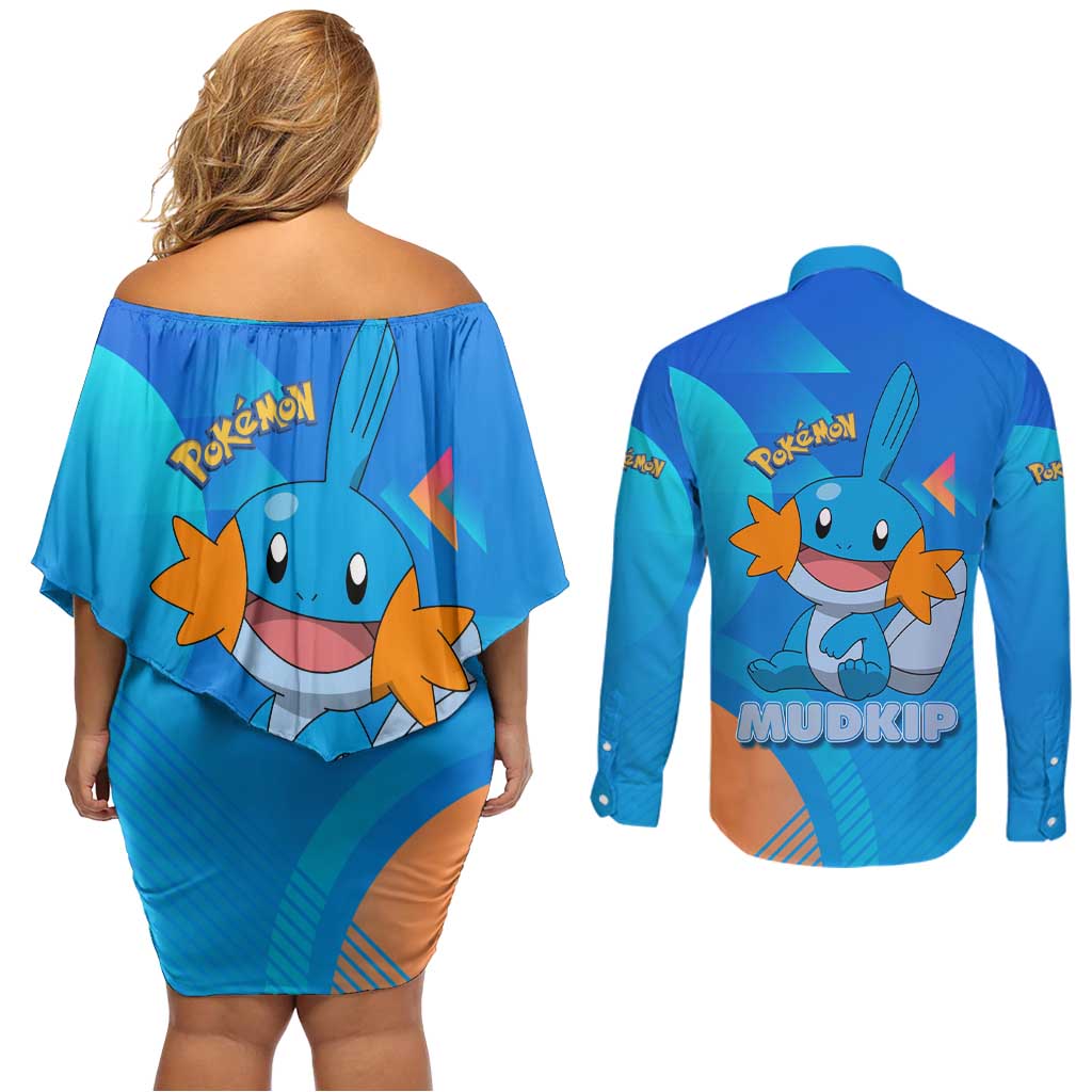Mudkip Poké Couples Matching Off Shoulder Short Dress and Long Sleeve Button Shirt Playful Blue Gradient Cartoon Style