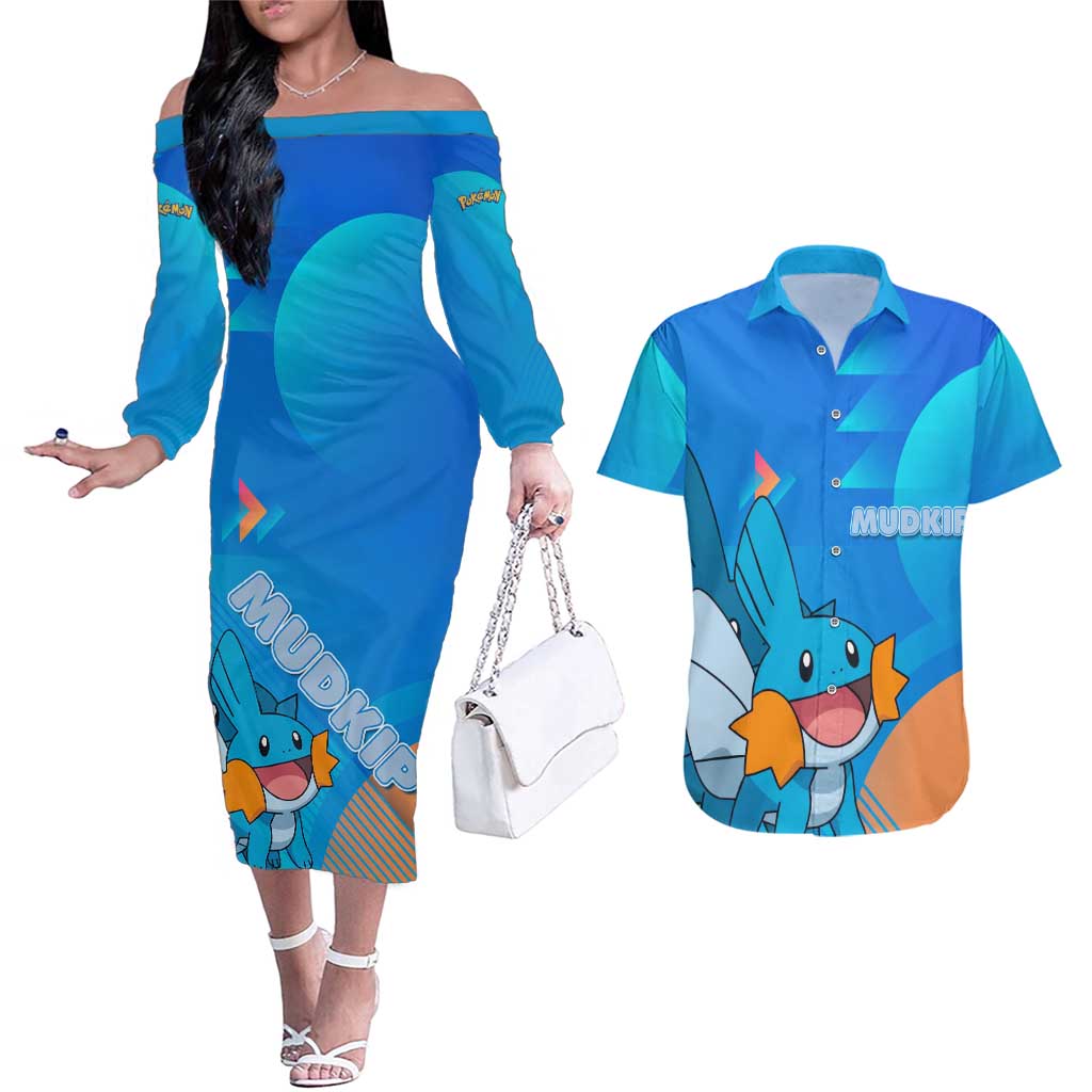 Mudkip Poké Couples Matching Off The Shoulder Long Sleeve Dress and Hawaiian Shirt Playful Blue Gradient Cartoon Style