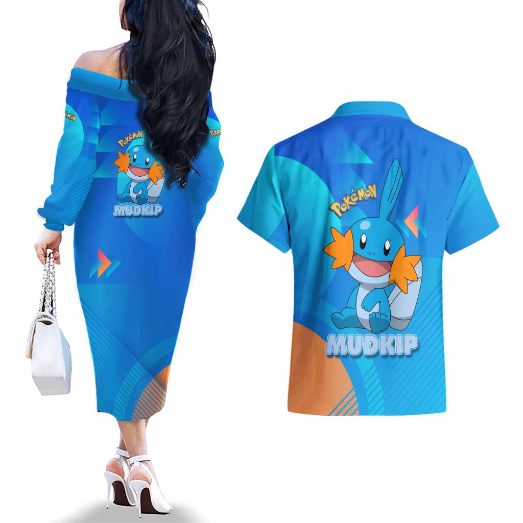 Mudkip Poké Couples Matching Off The Shoulder Long Sleeve Dress and Hawaiian Shirt Playful Blue Gradient Cartoon Style