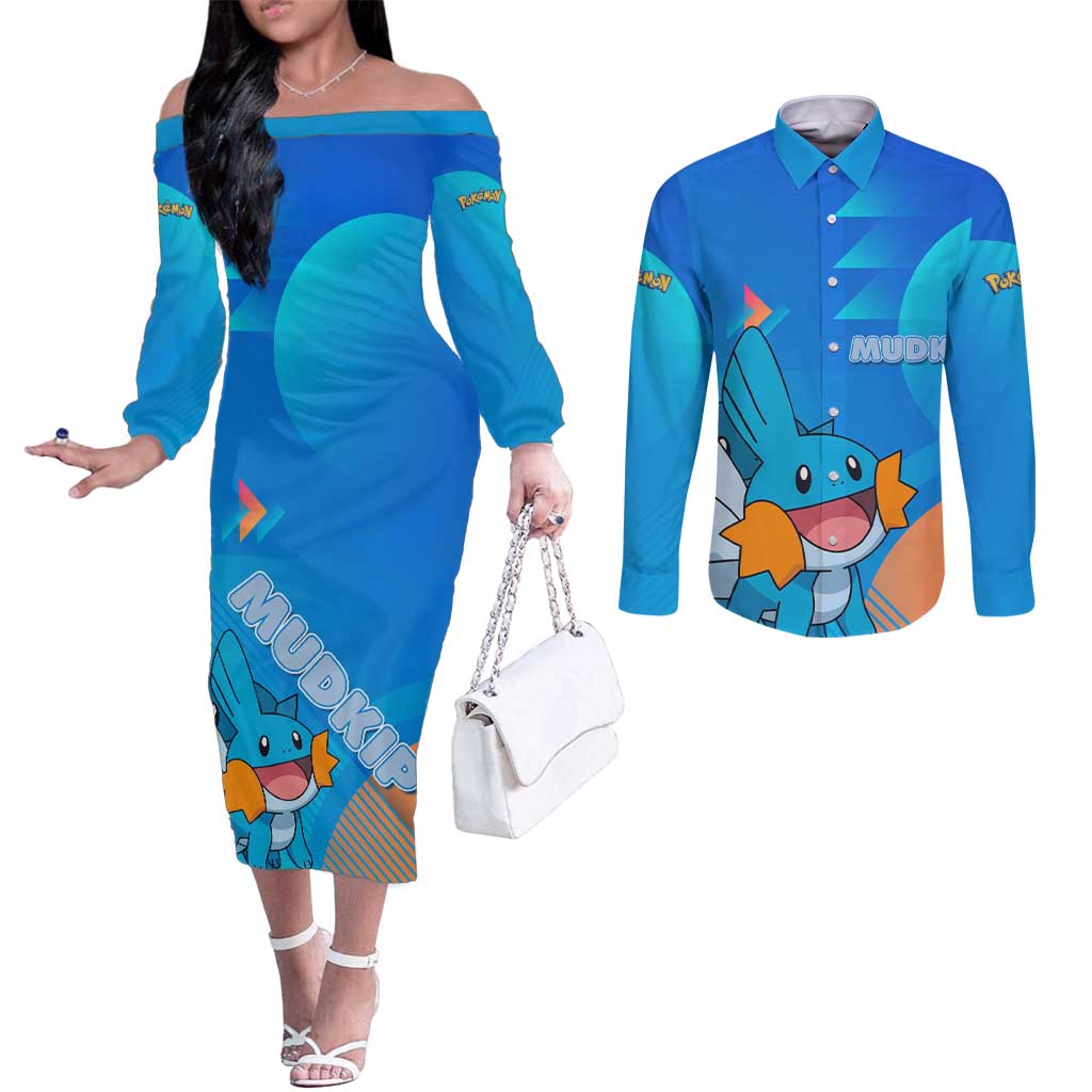Mudkip Poké Couples Matching Off The Shoulder Long Sleeve Dress and Long Sleeve Button Shirt Playful Blue Gradient Cartoon Style
