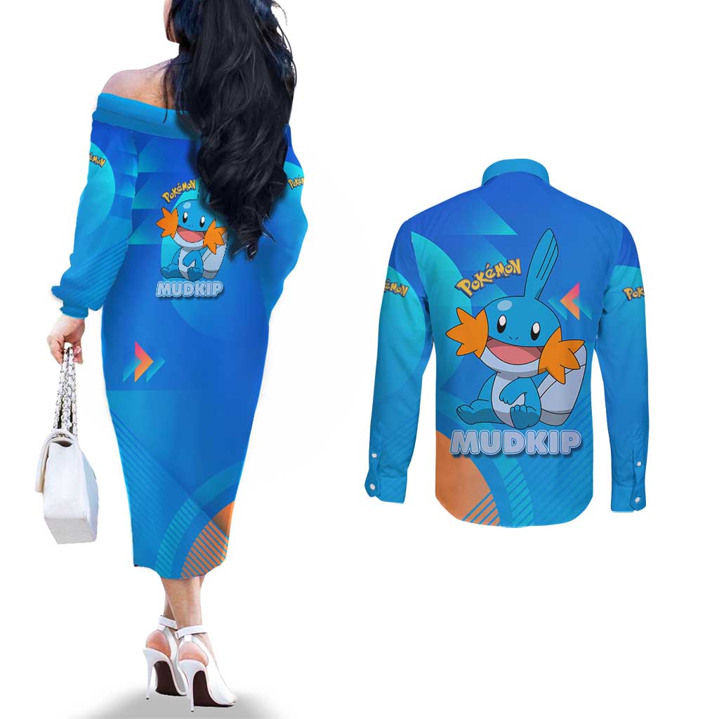 Mudkip Poké Couples Matching Off The Shoulder Long Sleeve Dress and Long Sleeve Button Shirt Playful Blue Gradient Cartoon Style