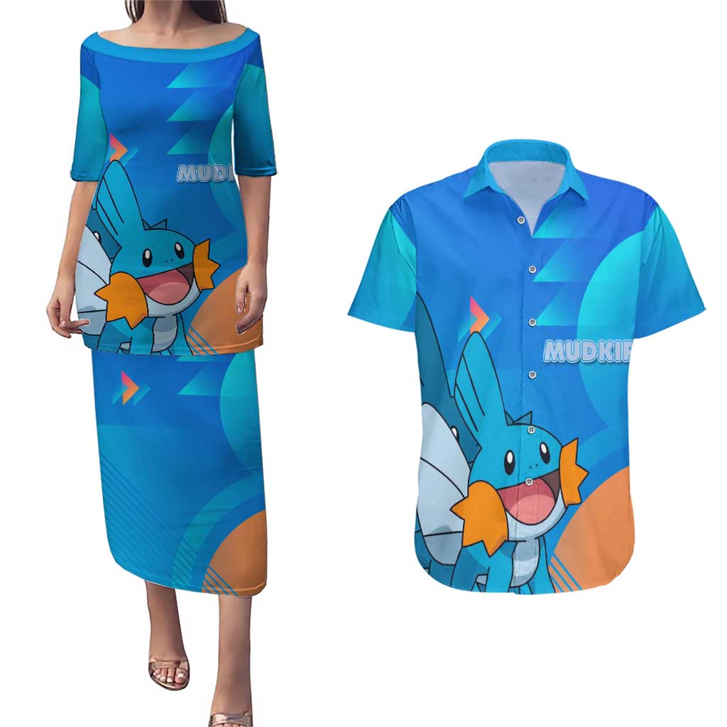 Mudkip Poké Couples Matching Puletasi and Hawaiian Shirt Playful Blue Gradient Cartoon Style