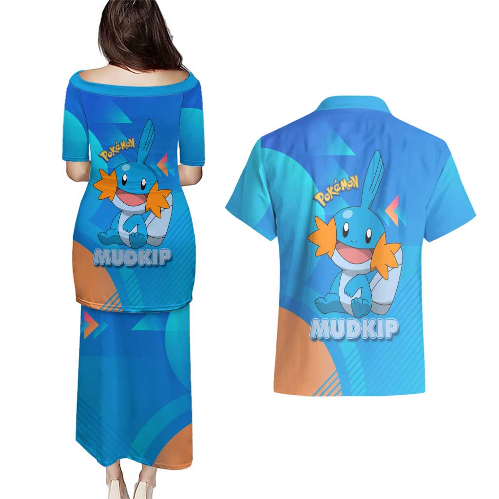 Mudkip Poké Couples Matching Puletasi and Hawaiian Shirt Playful Blue Gradient Cartoon Style