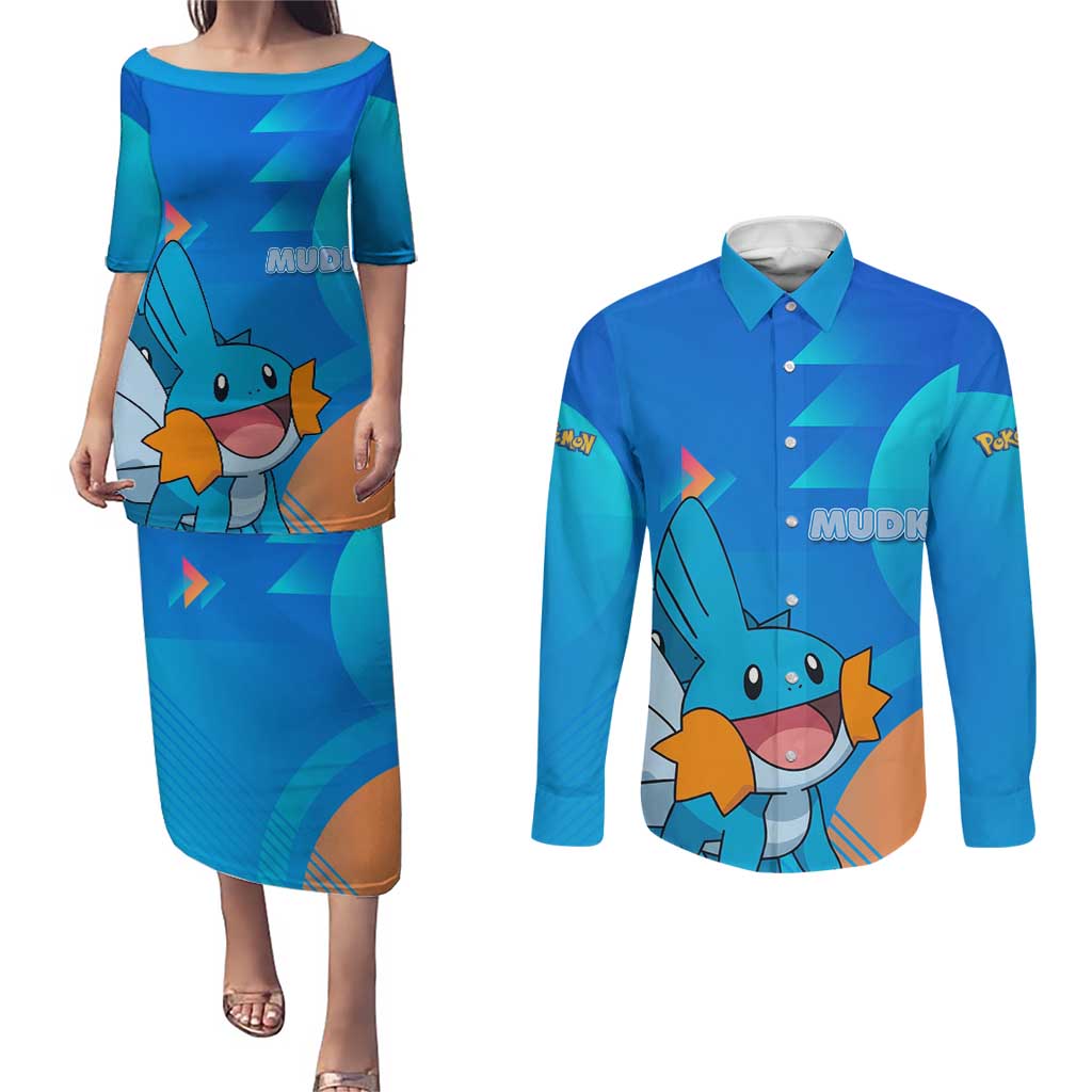 Mudkip Poké Couples Matching Puletasi and Long Sleeve Button Shirt Playful Blue Gradient Cartoon Style