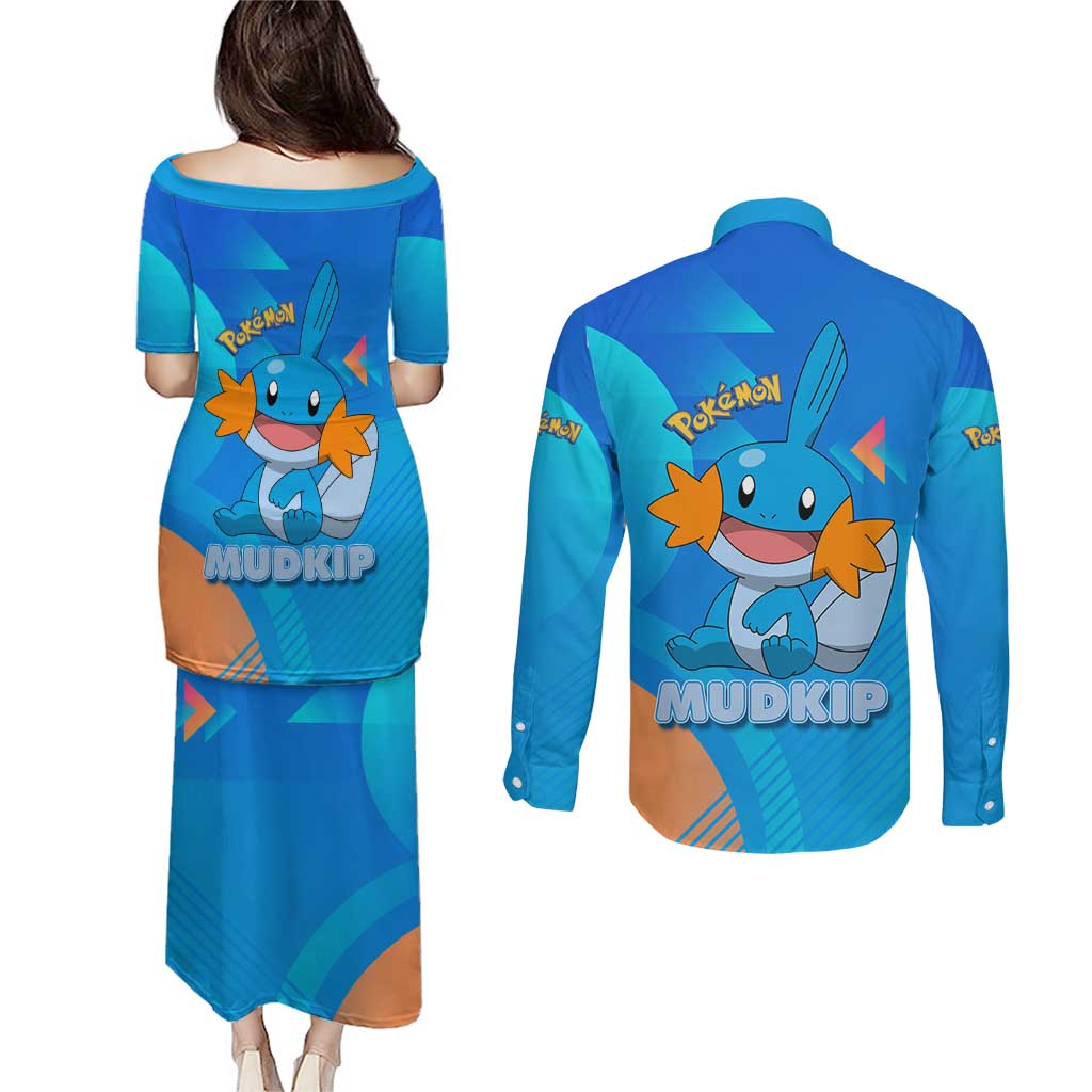 Mudkip Poké Couples Matching Puletasi and Long Sleeve Button Shirt Playful Blue Gradient Cartoon Style